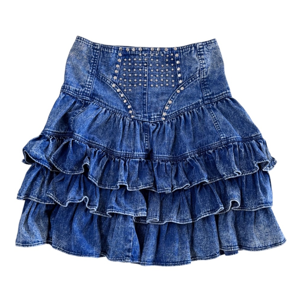 VINTAGE 1990'S  - RUFFLED  SKIRT - DENIM - BLUE - S